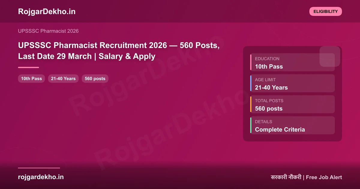 UPSSSC Pharmacist Recruitment 2026 — 560 Posts, Last Date 29 March | Salary & Apply - Eligibility | RojgarDekho